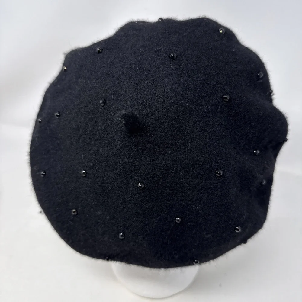 Kathy Jeanne Beret Wool Beanie Tam Hat Black Beaded